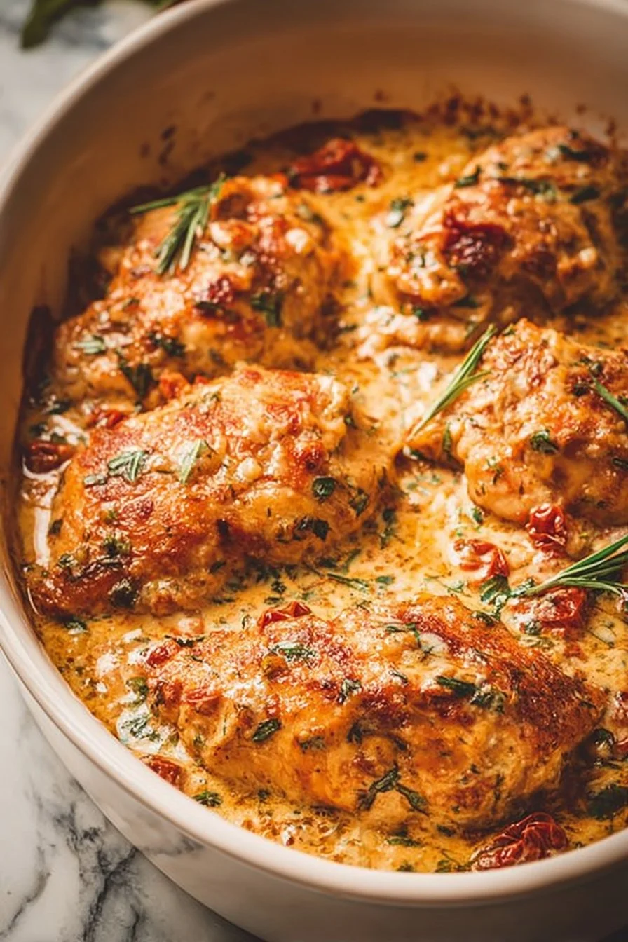 Baked chicken breasts with creamy sauce served on a plate