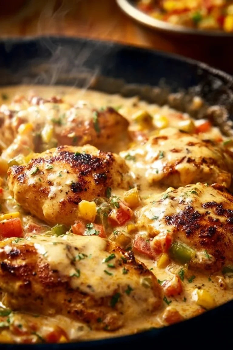 Baked Queso Chicken served with fresh herbs and toppings