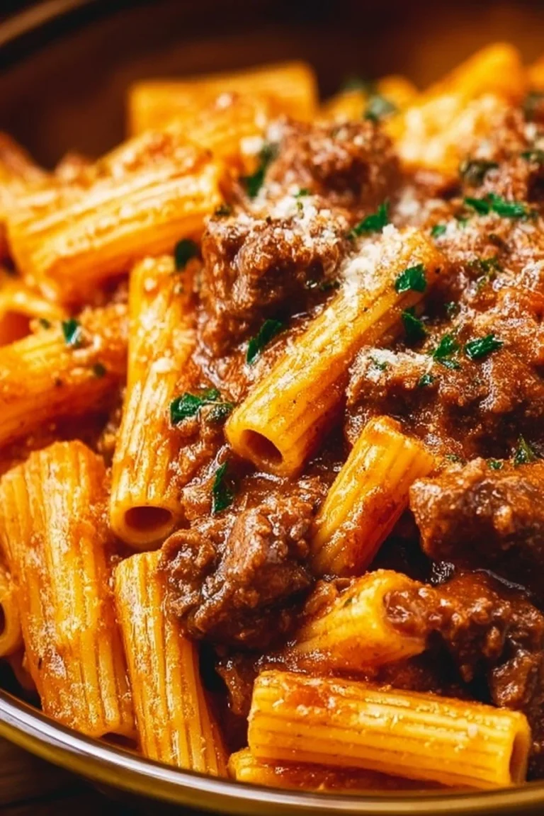 Delicious plate of beef pasta topped with herbs and cheese
