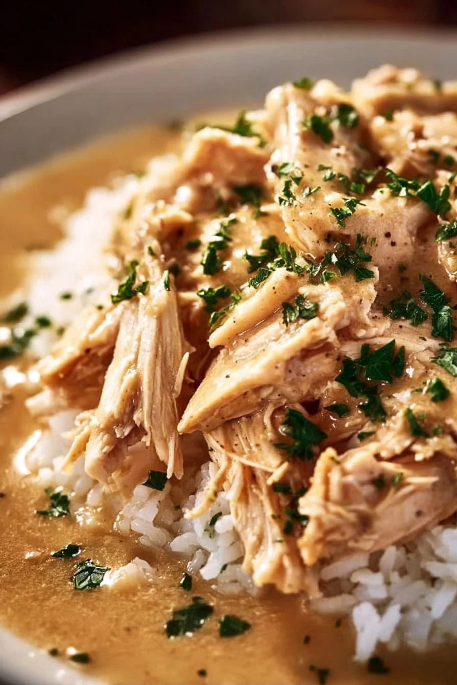 Delicious Crockpot chicken and gravy dish served in a bowl