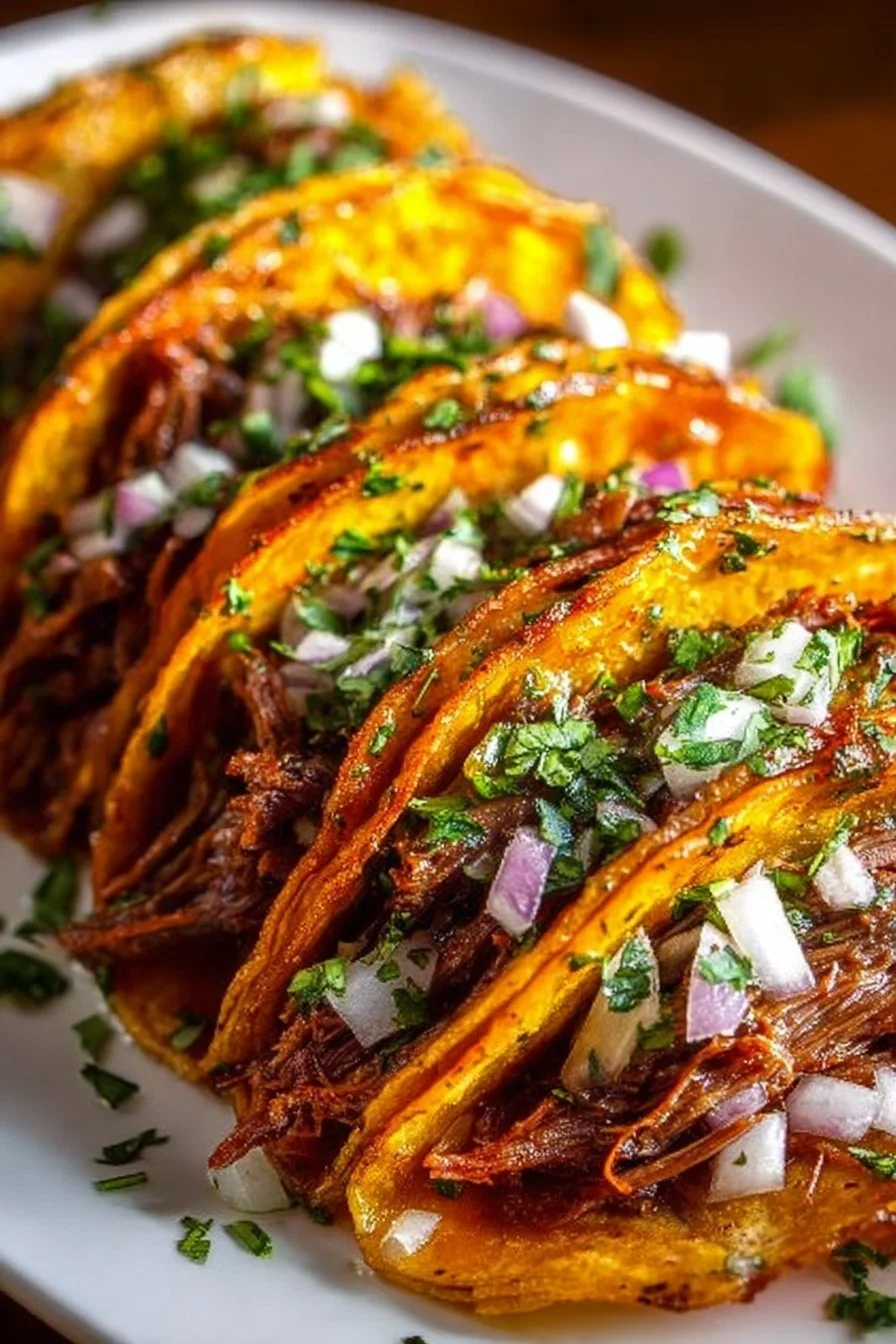 Delicious Birria Tacos with savory beef stew and fresh toppings