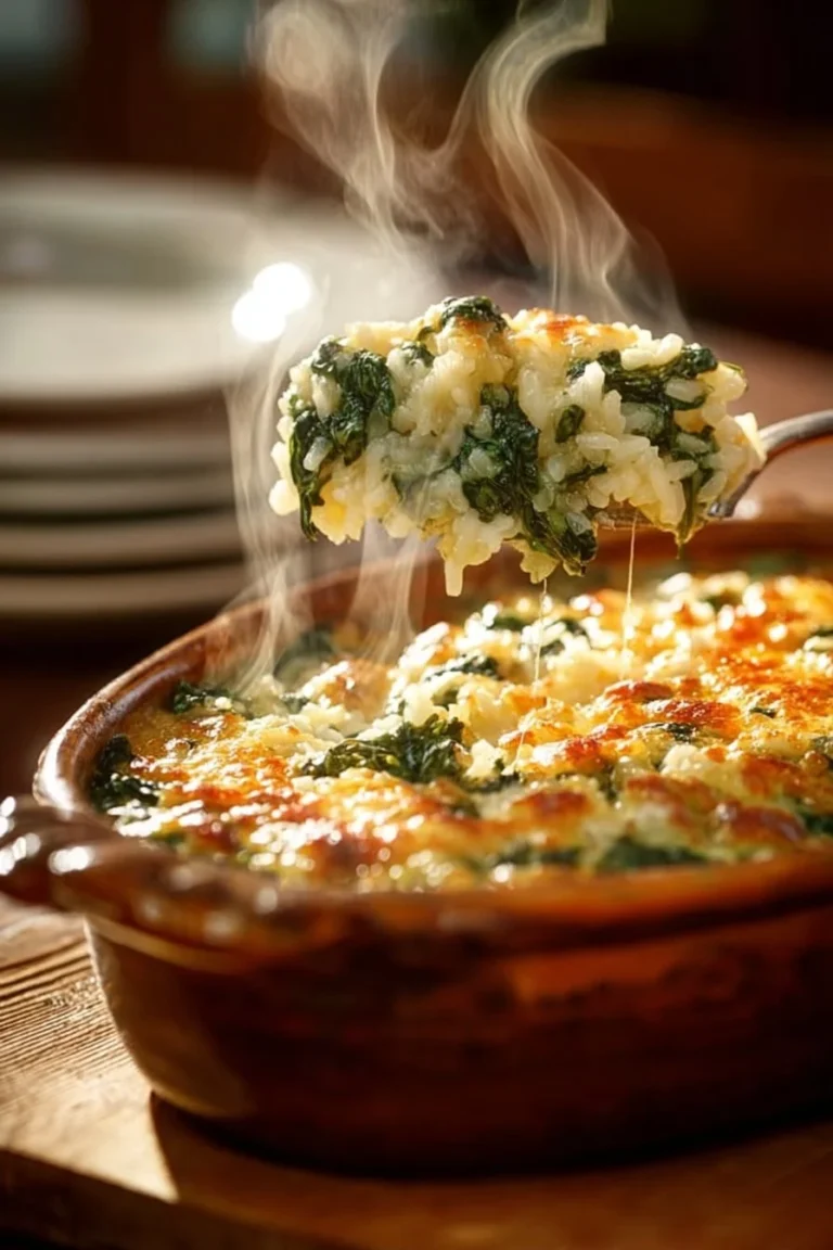 Creamy Broccoli Cheddar Rice Casserole served in a baking dish