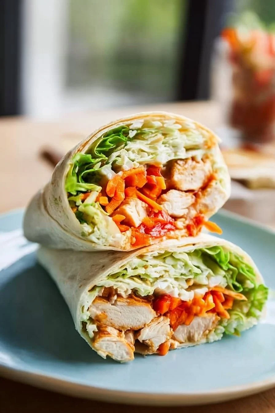 Buffalo Chicken Wrap with lettuce and sauce rolled in a tortilla