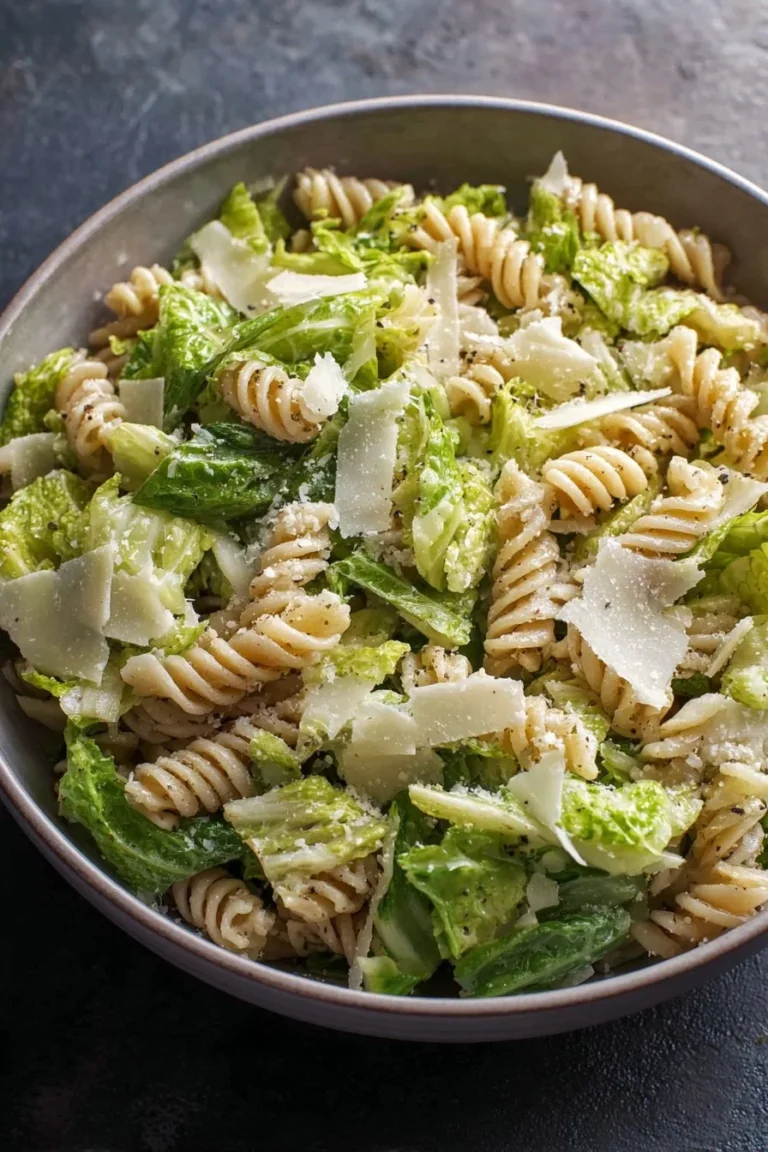Bowl of Caesar salad with pasta, garnished with croutons and parmesan cheese.