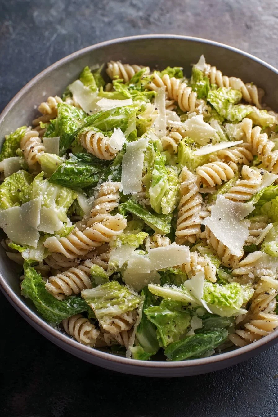 Bowl of Caesar salad with pasta, garnished with croutons and parmesan cheese.