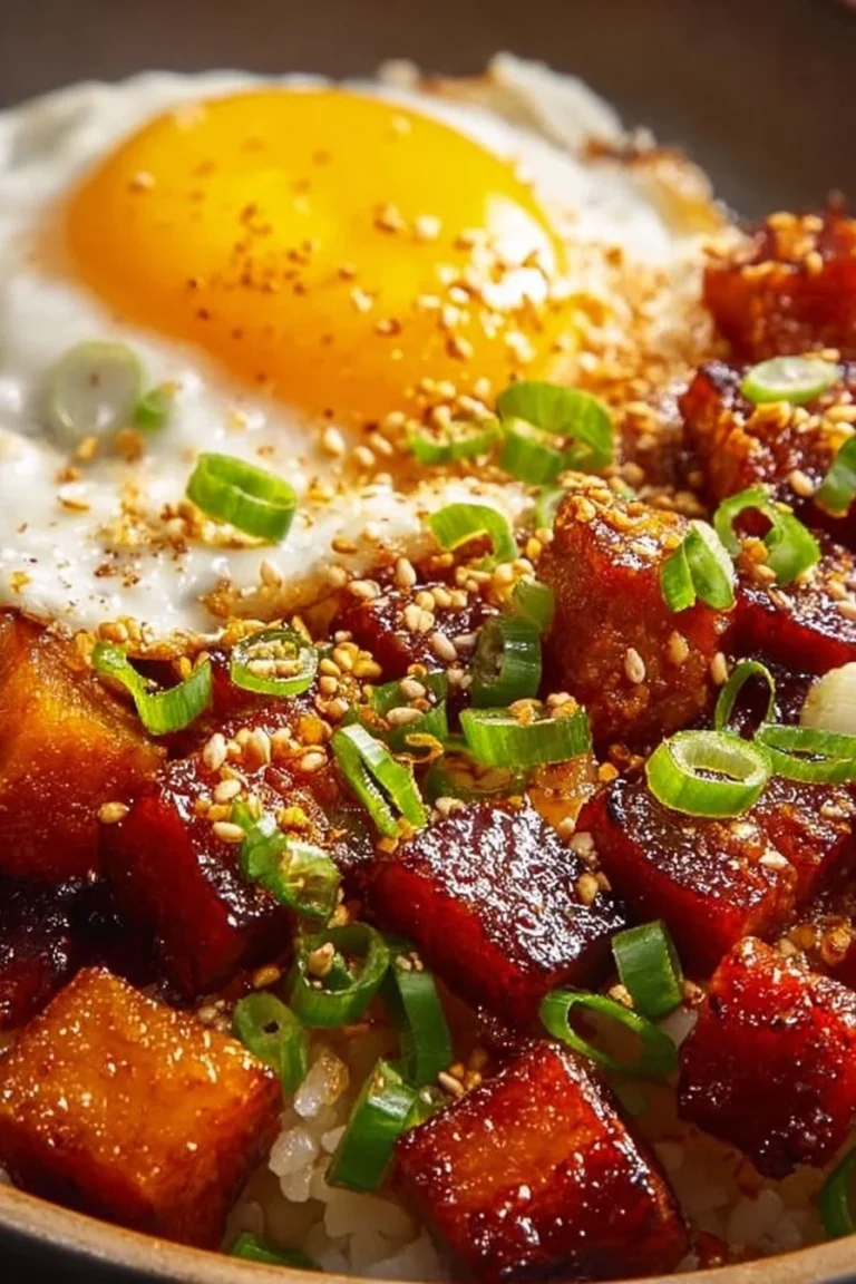 Caramelized Spam and eggs served over a bed of fluffy rice.
