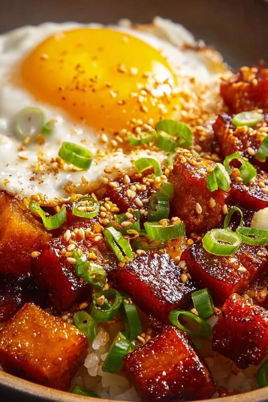 Caramelized Spam and eggs served over a bed of fluffy rice.