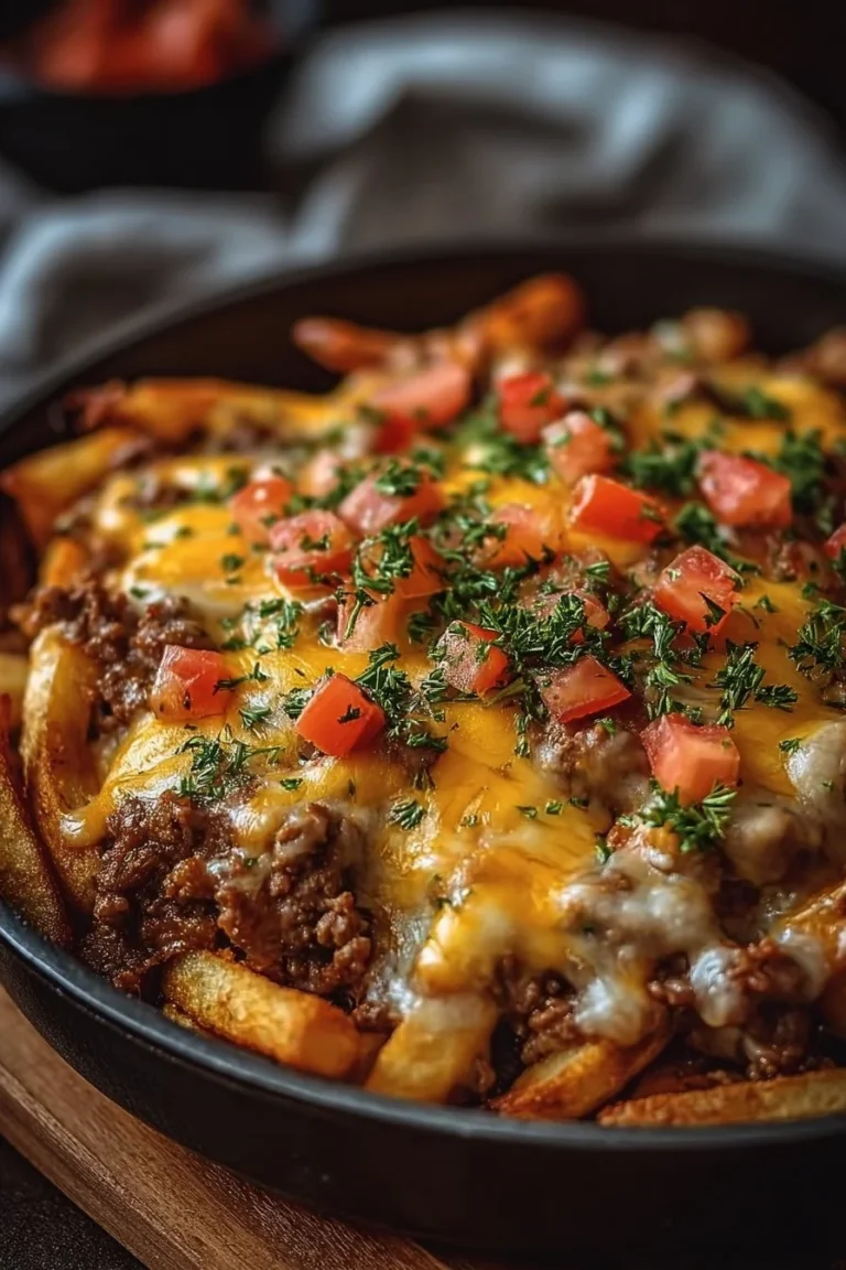 Delicious Cheeseburger Casserole topped with crispy French fries.