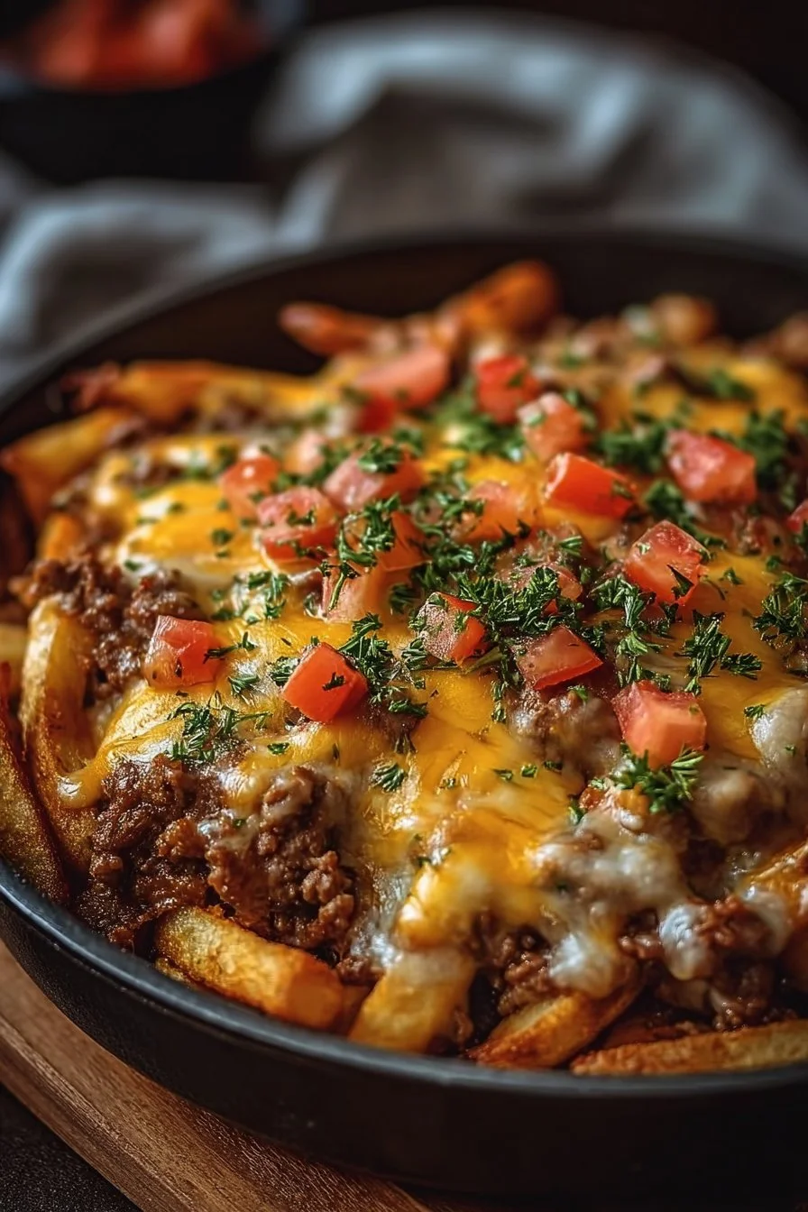 Delicious Cheeseburger Casserole topped with crispy French fries.