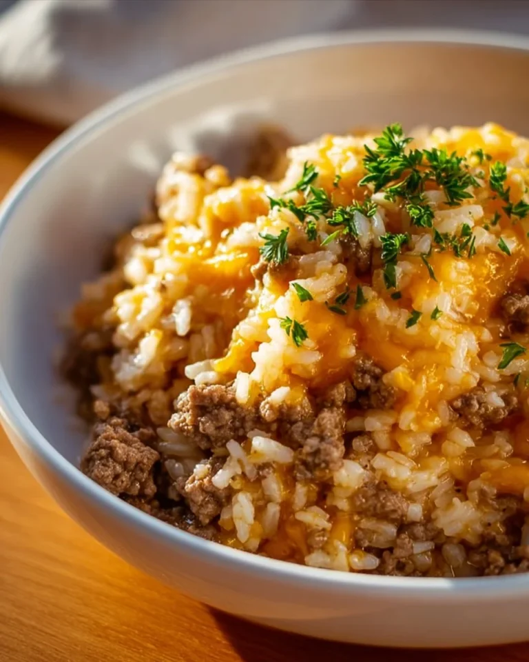 Cheesy ground beef and rice casserole dish fresh out of the oven