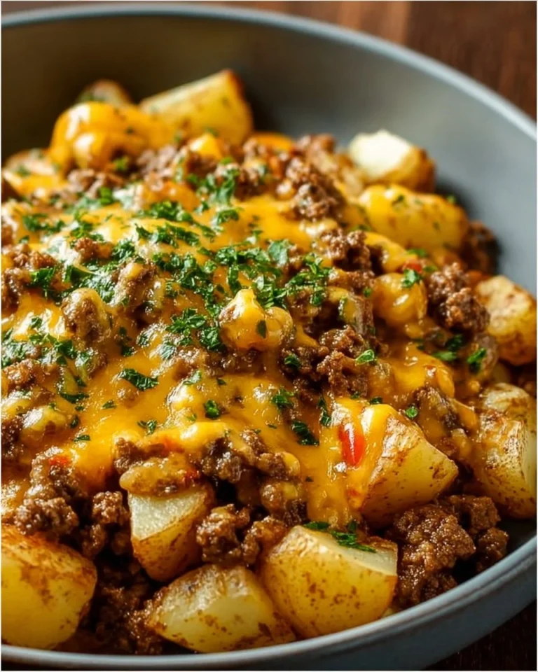 Cheesy ground beef and potato casserole served in a baking dish