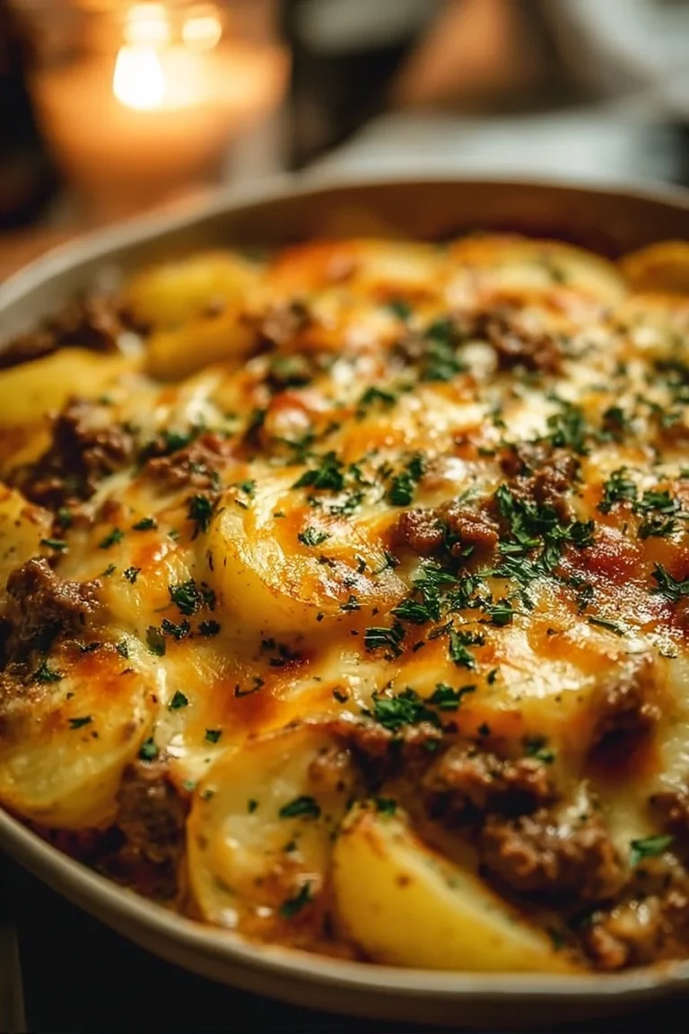 Cheesy Ground Beef & Potato Casserole served on a plate, garnished and ready to enjoy.