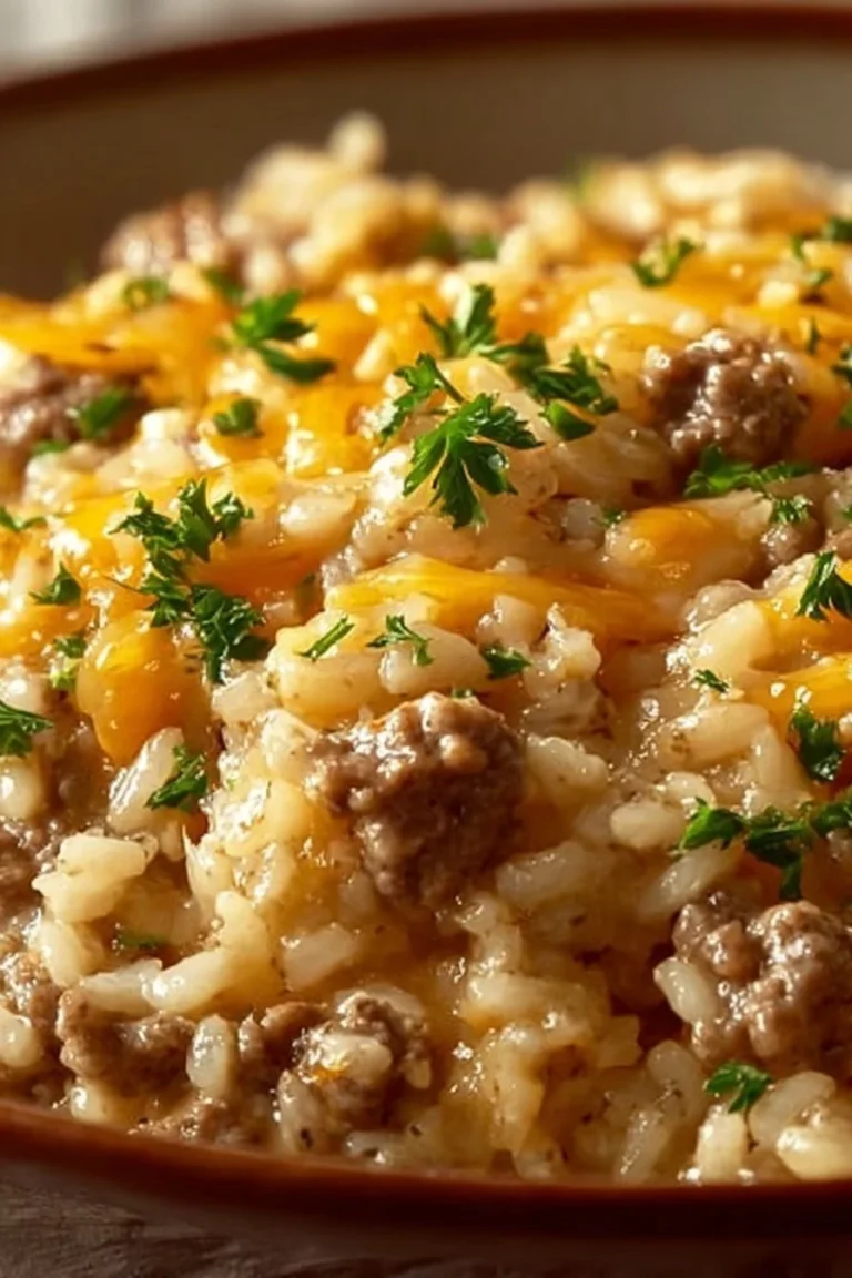 Baked cheesy hamburger rice casserole topped with melted cheese and herbs