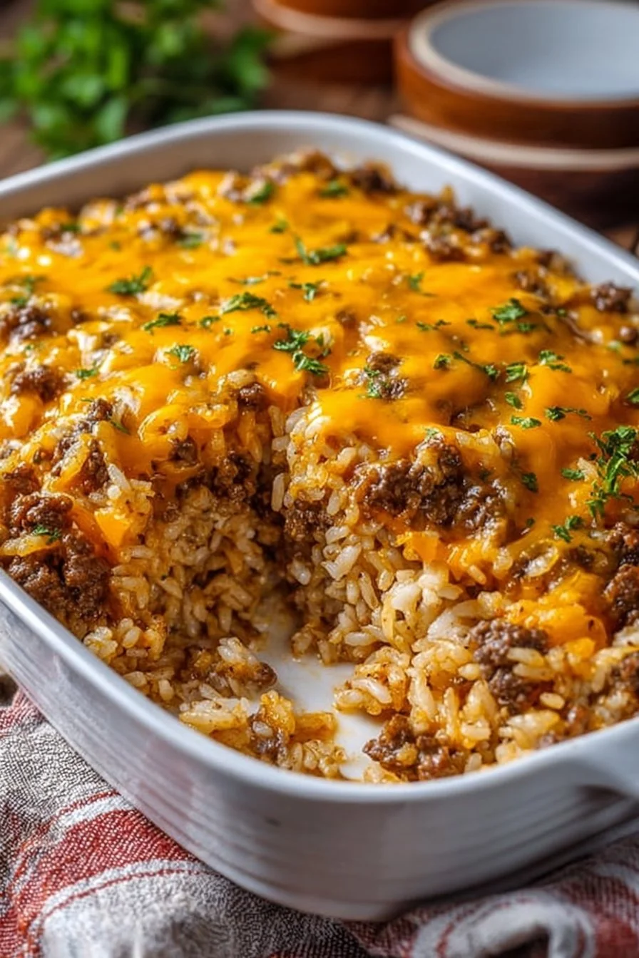 Delicious cheesy hamburger rice casserole fresh out of the oven.