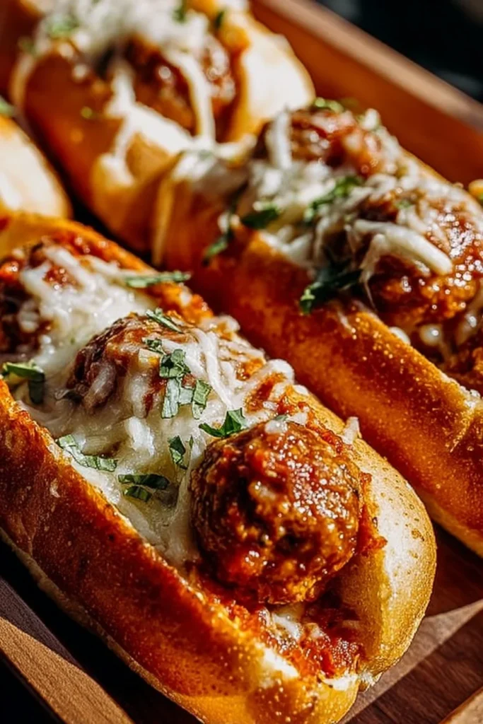 Cheesy meatball subs topped with melted cheese and marinara sauce