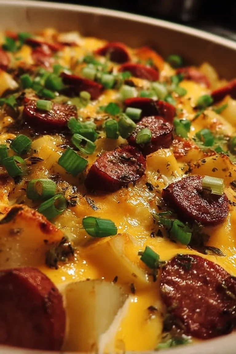 Cheesy Smoked Sausage and Potato Dinner in a serving dish with fresh herbs