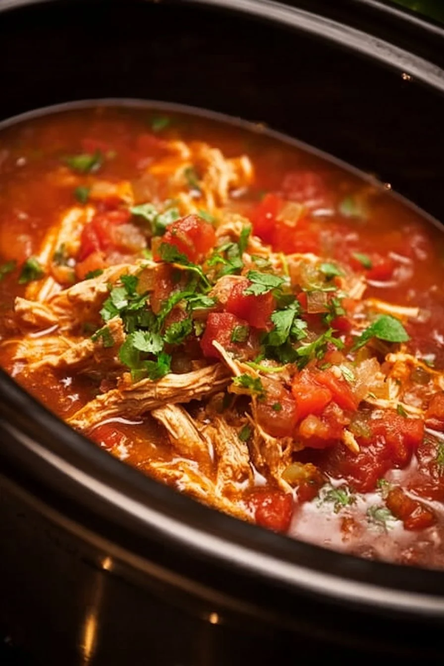 Crockpot chicken and salsa dish ready to serve