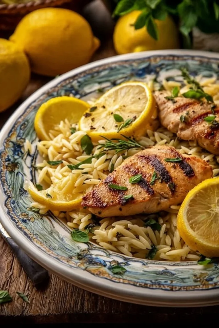 Plate of Chicken Lemon Orzo with fresh herbs and lemon slices