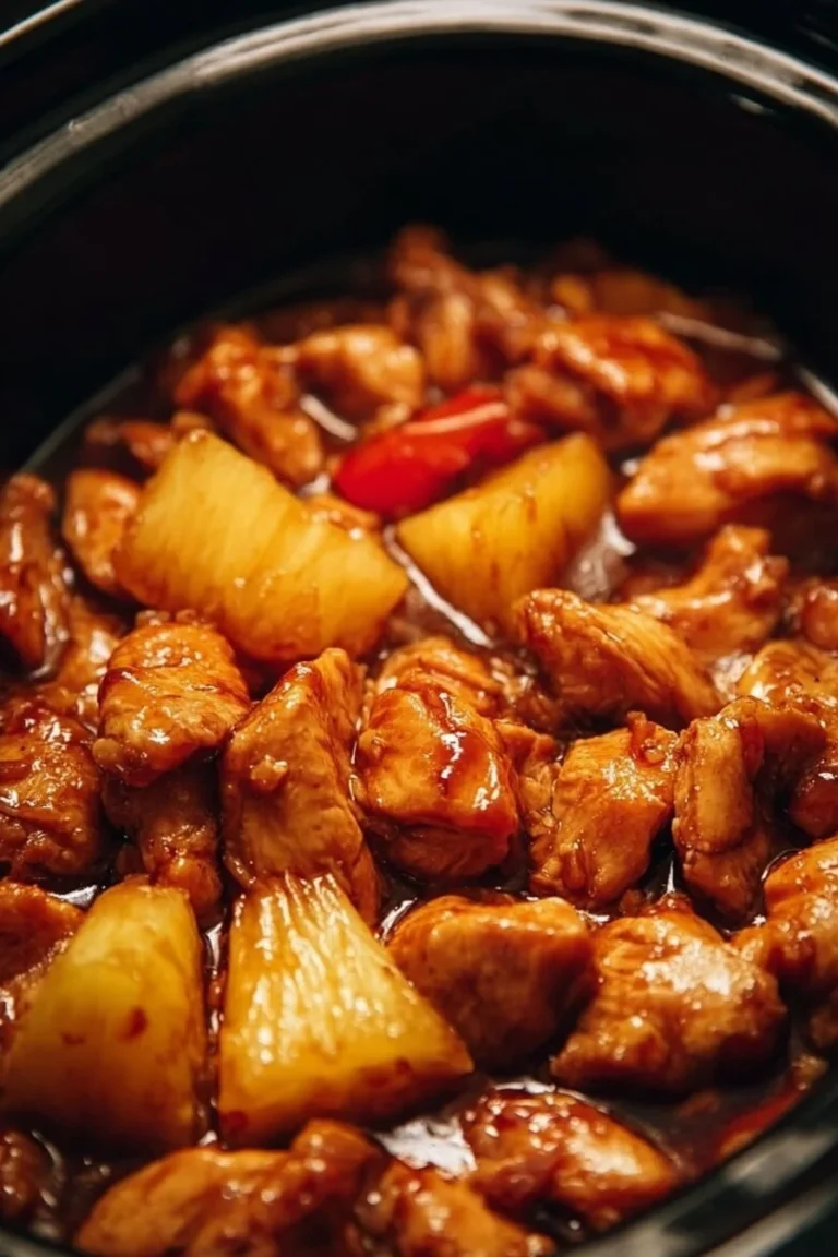 Slow-cooked Chicken Pineapple recipe in a crockpot with a side of rice.