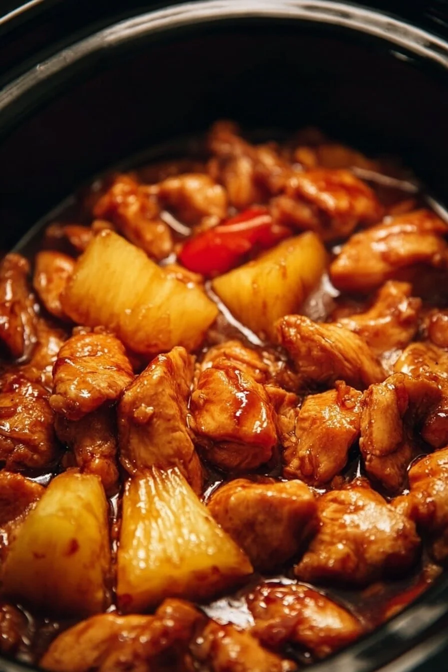 Slow-cooked Chicken Pineapple recipe in a crockpot with a side of rice.