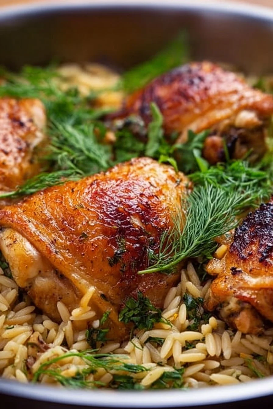 Delicious chicken thigh and orzo pasta dish garnished with herbs and spices.