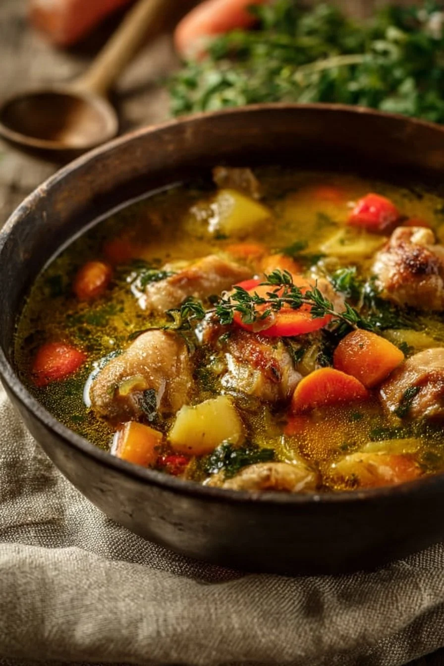 Bowl of delicious homemade Chicken Thigh Soup with vegetables