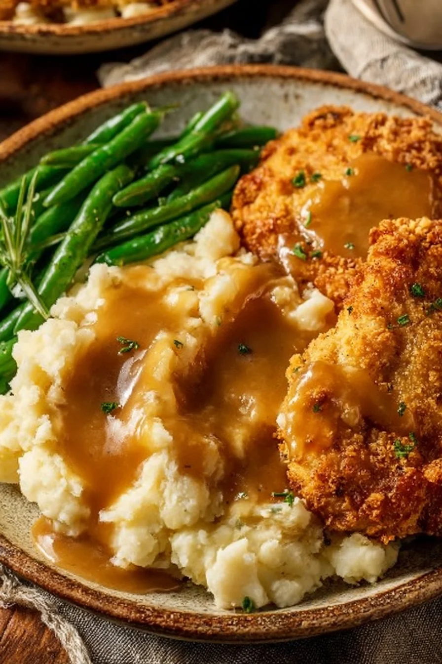 Plate of crispy Country Fried Chicken Breast garnished with herbs