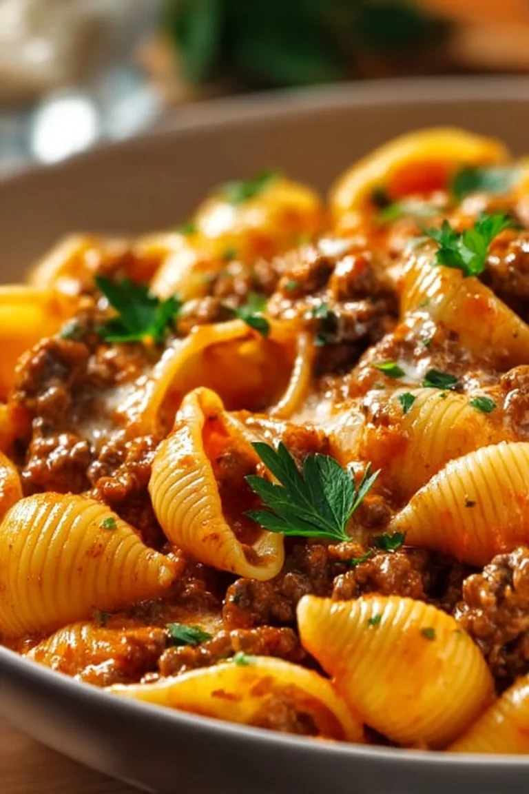 Creamy beef and shells dish with pasta and beef in a savory sauce
