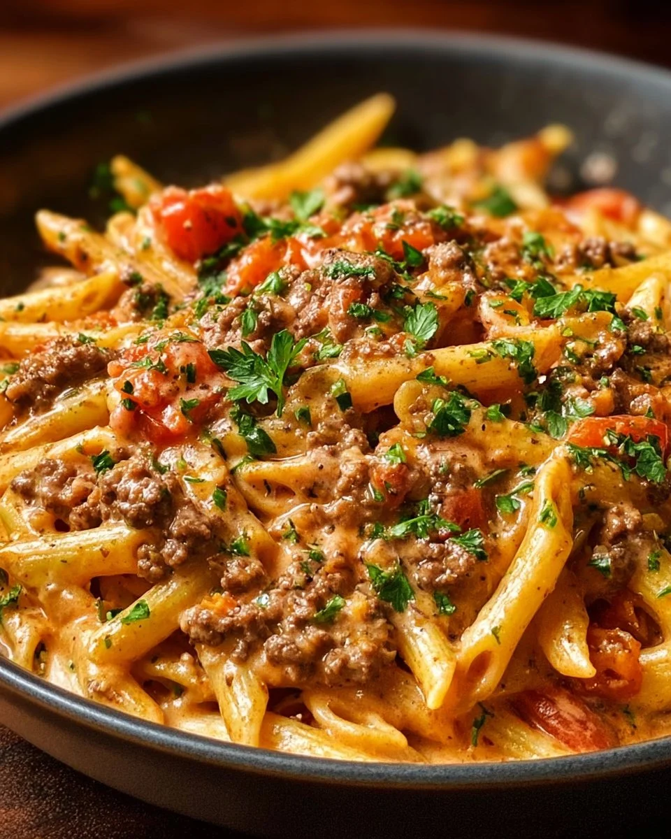Bowl of creamy beef pasta topped with herbs and cheese