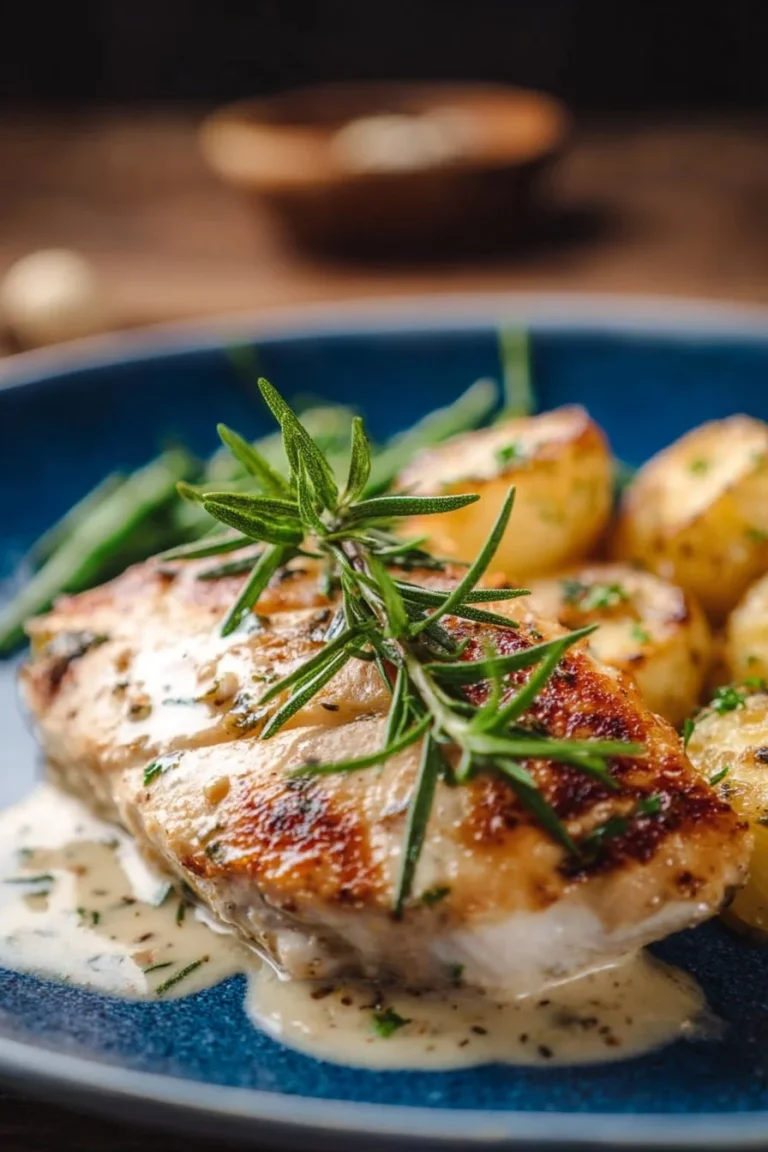 Creamy chicken breast with garlic sauce garnished with herbs