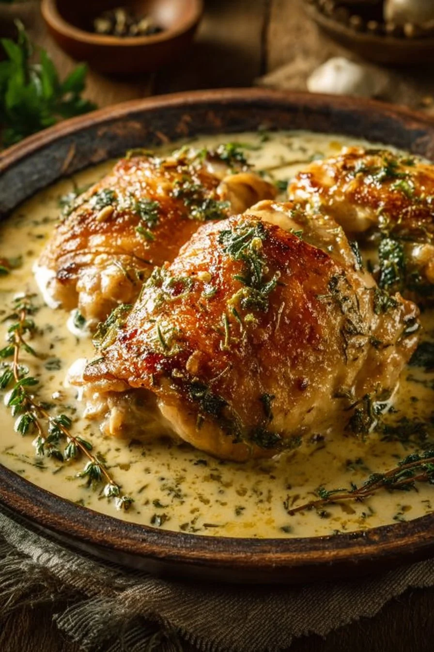 Creamy chicken thighs served on a plate with vegetables