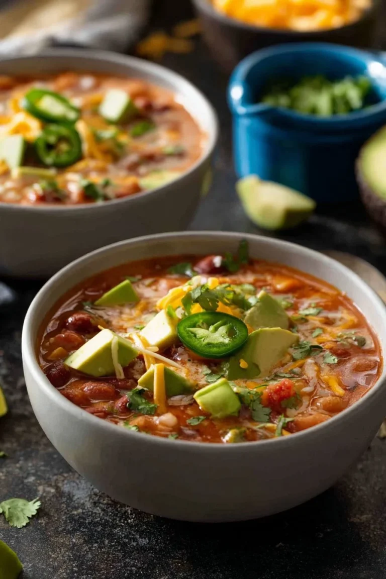 Bowl of creamy chicken tortilla soup garnished with tortilla strips and cilantro