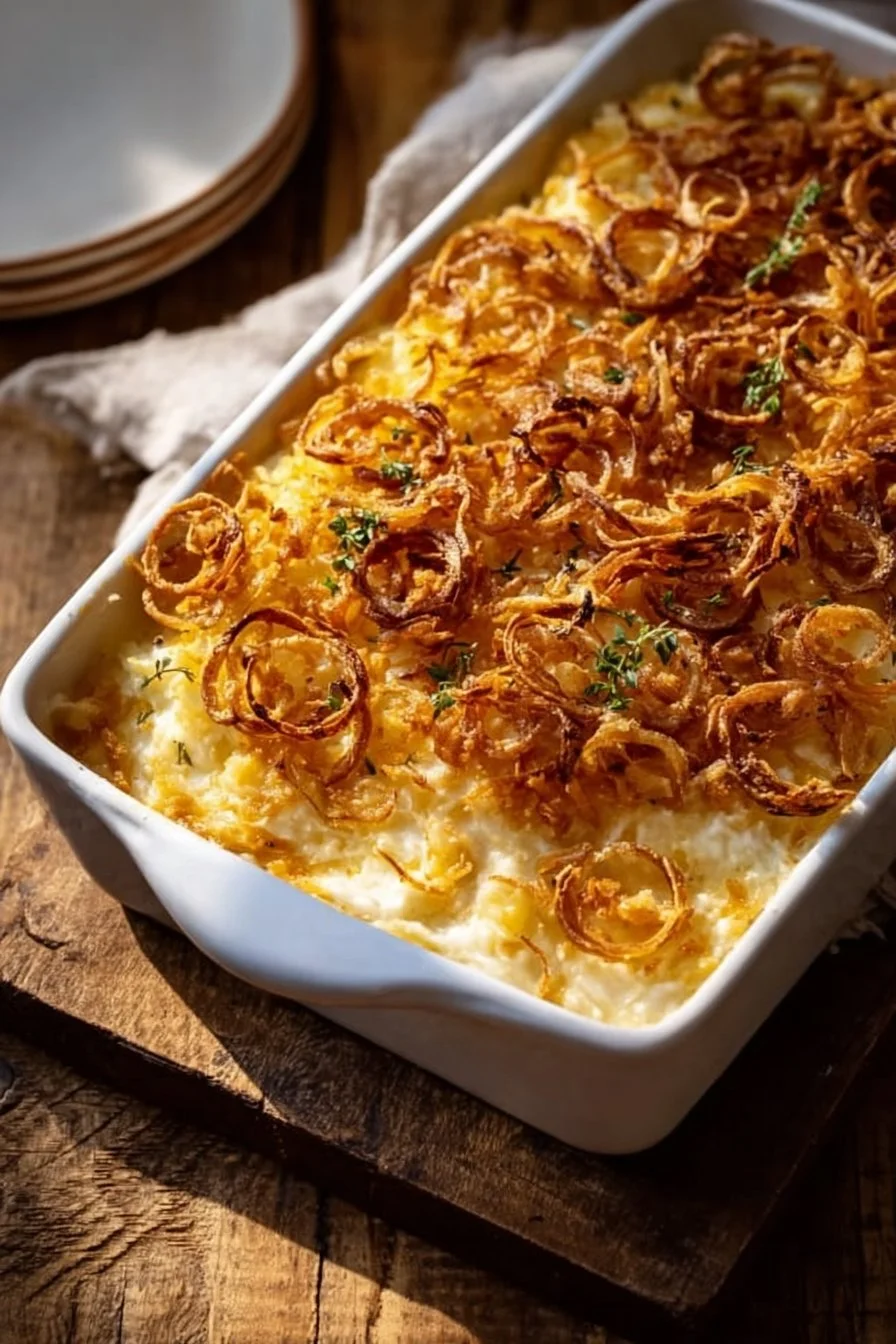 Creamy French Onion Funeral Potatoes in a baking dish