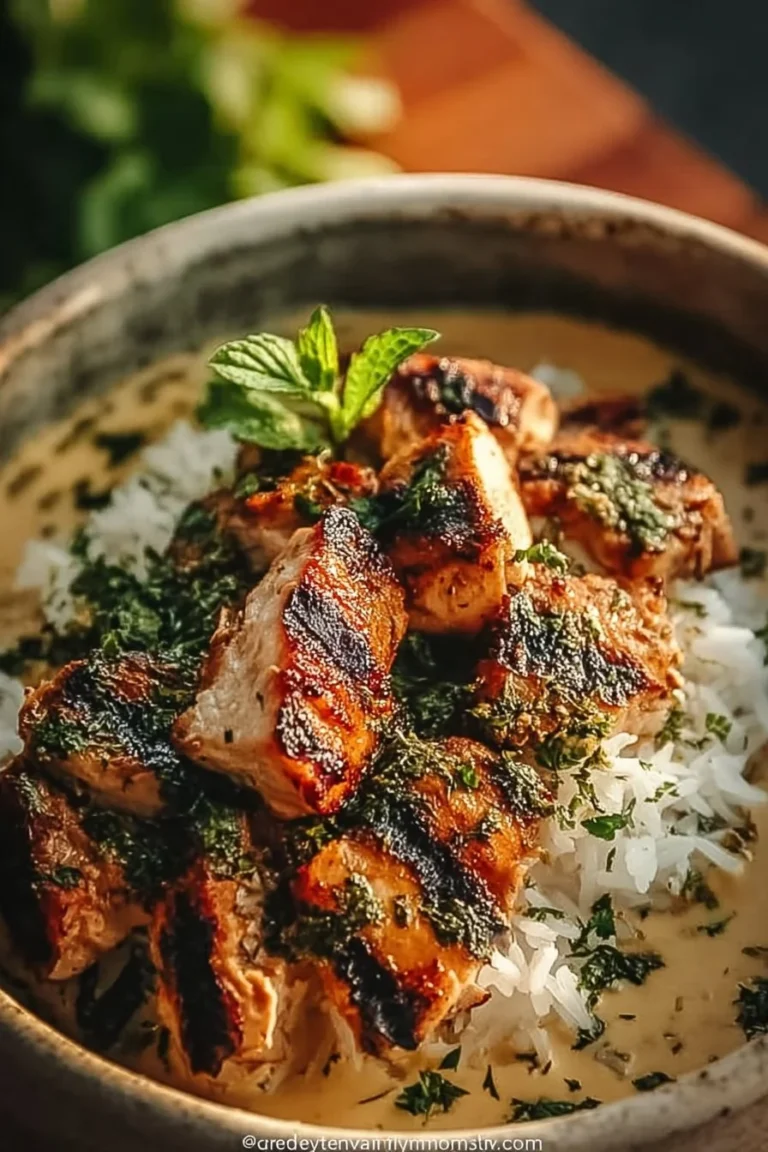 Delicious creamy garlic chicken bowl with vegetables and rice
