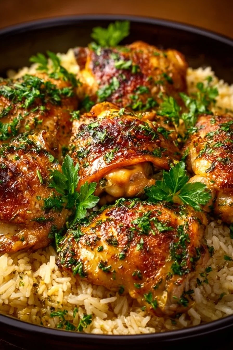 Crock-pot lemon chicken served with rice on a plate