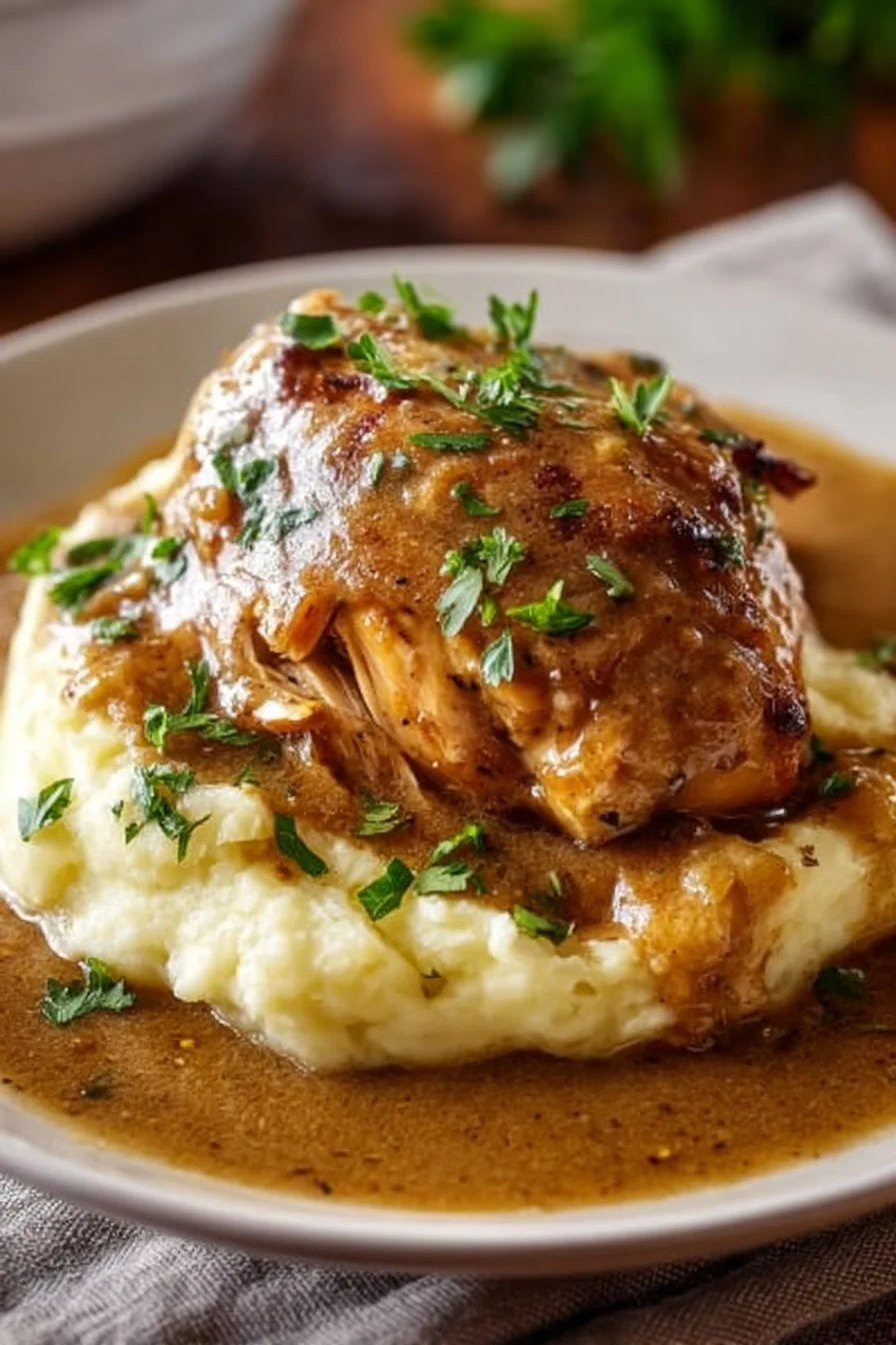 Delicious Crockpot Chicken and Gravy served with mashed potatoes