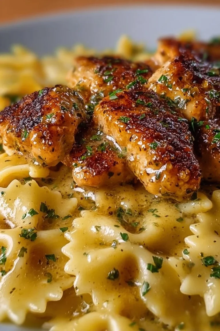 Delicious Garlic Butter Chicken served with Bowtie Pasta on a plate.