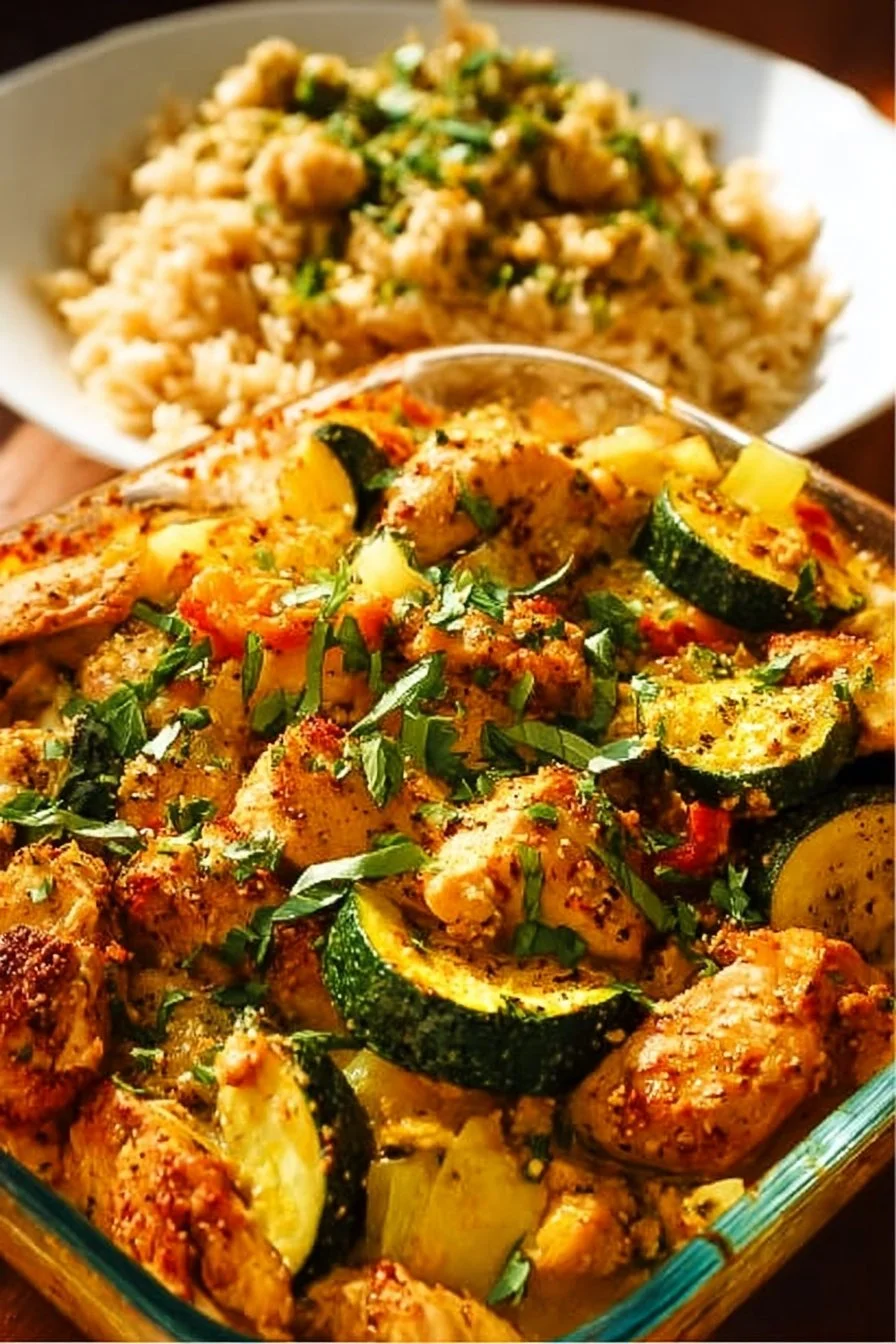Easy baked chicken and zucchini dish on a plate with herbs and spices
