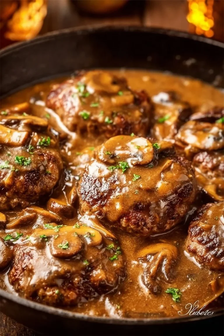 Delicious Salisbury steak served with creamy mushroom gravy on a plate.