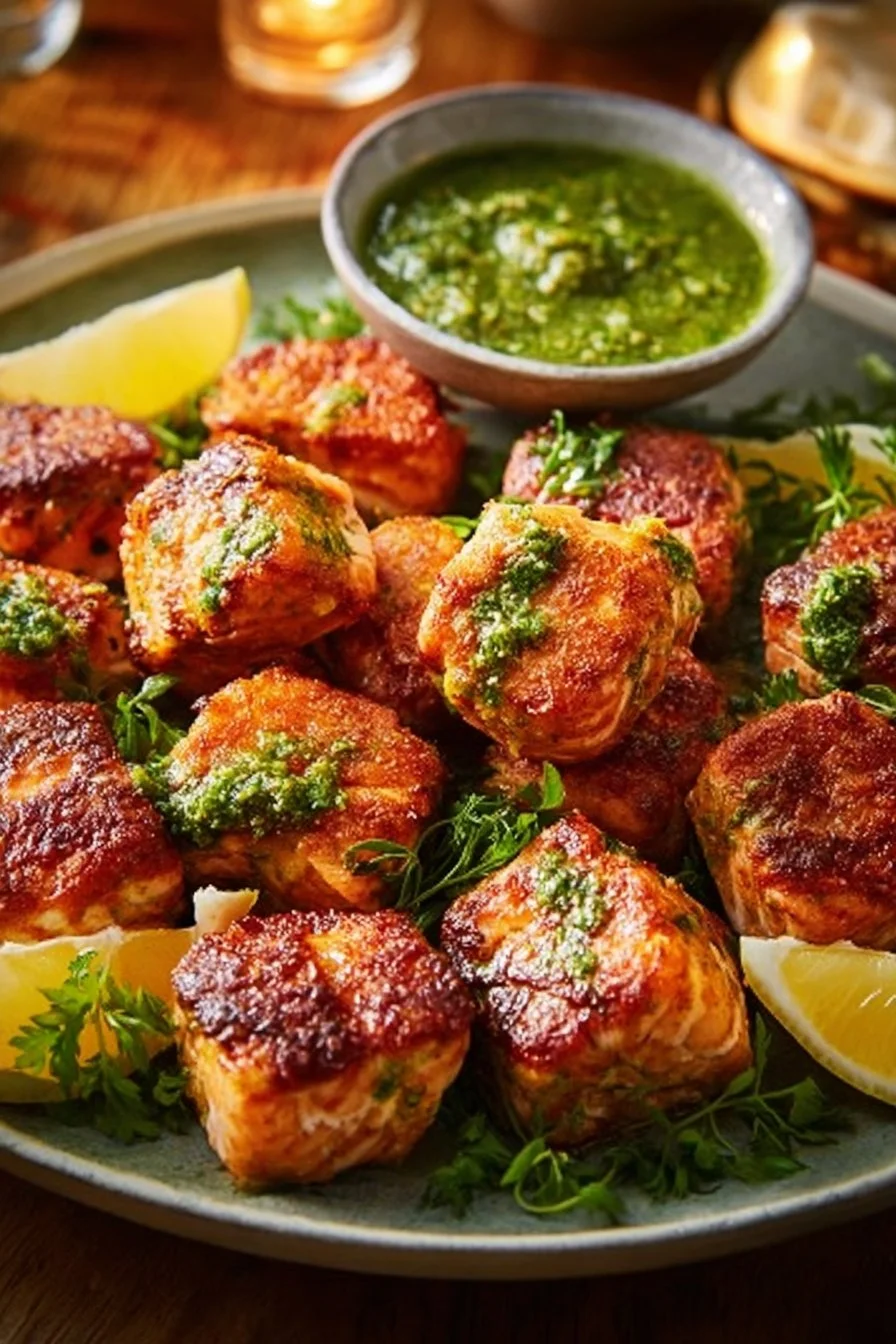 Delicious easy salmon bites served on a platter with herbs and lemon.