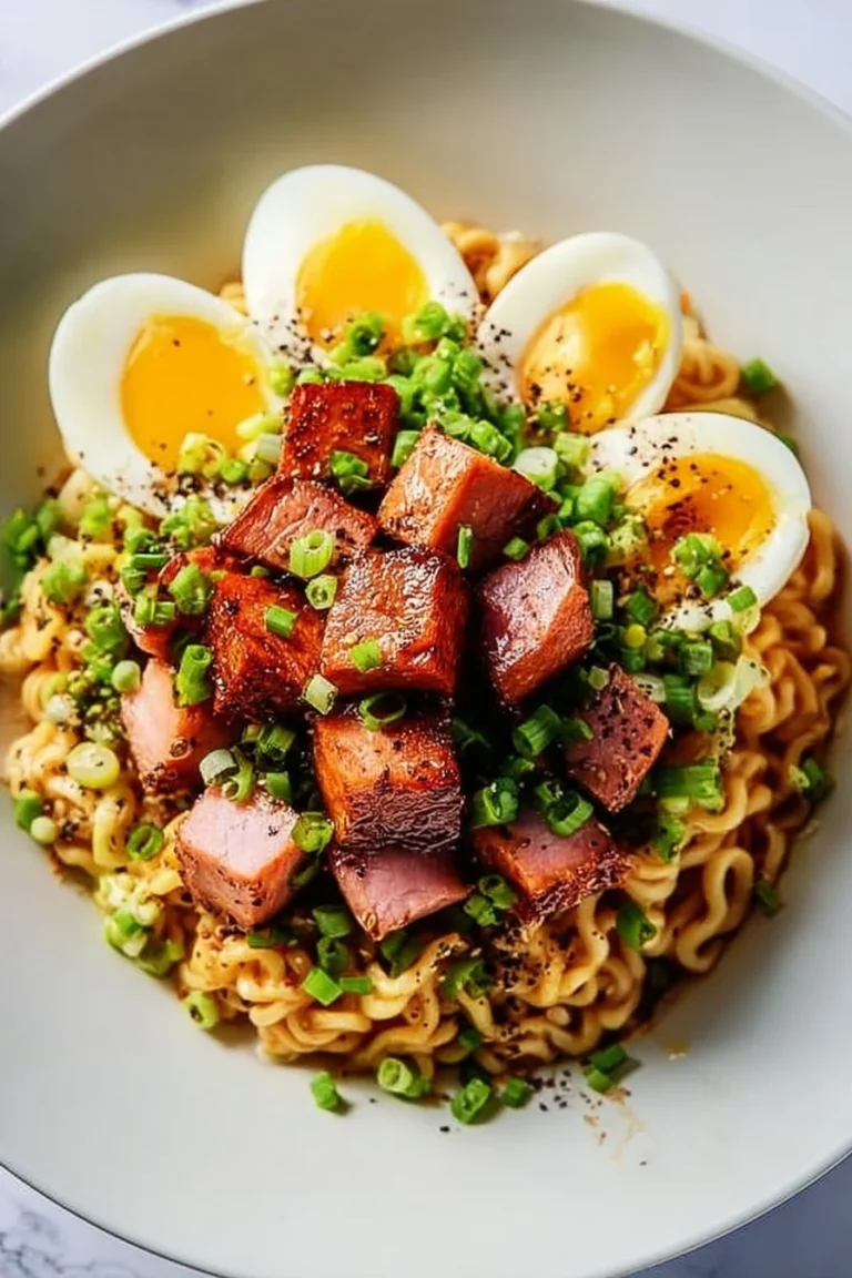 Bowl of Easy Spam Ramen garnished with green onions and herbs