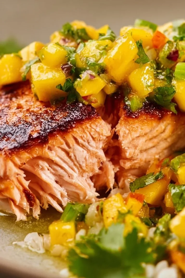 Fresh salmon fillet topped with vibrant mango salsa