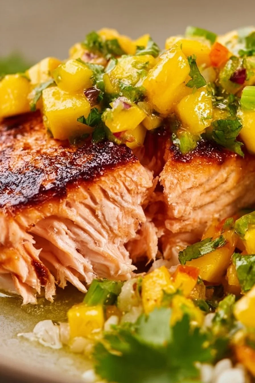 Fresh salmon fillet topped with vibrant mango salsa