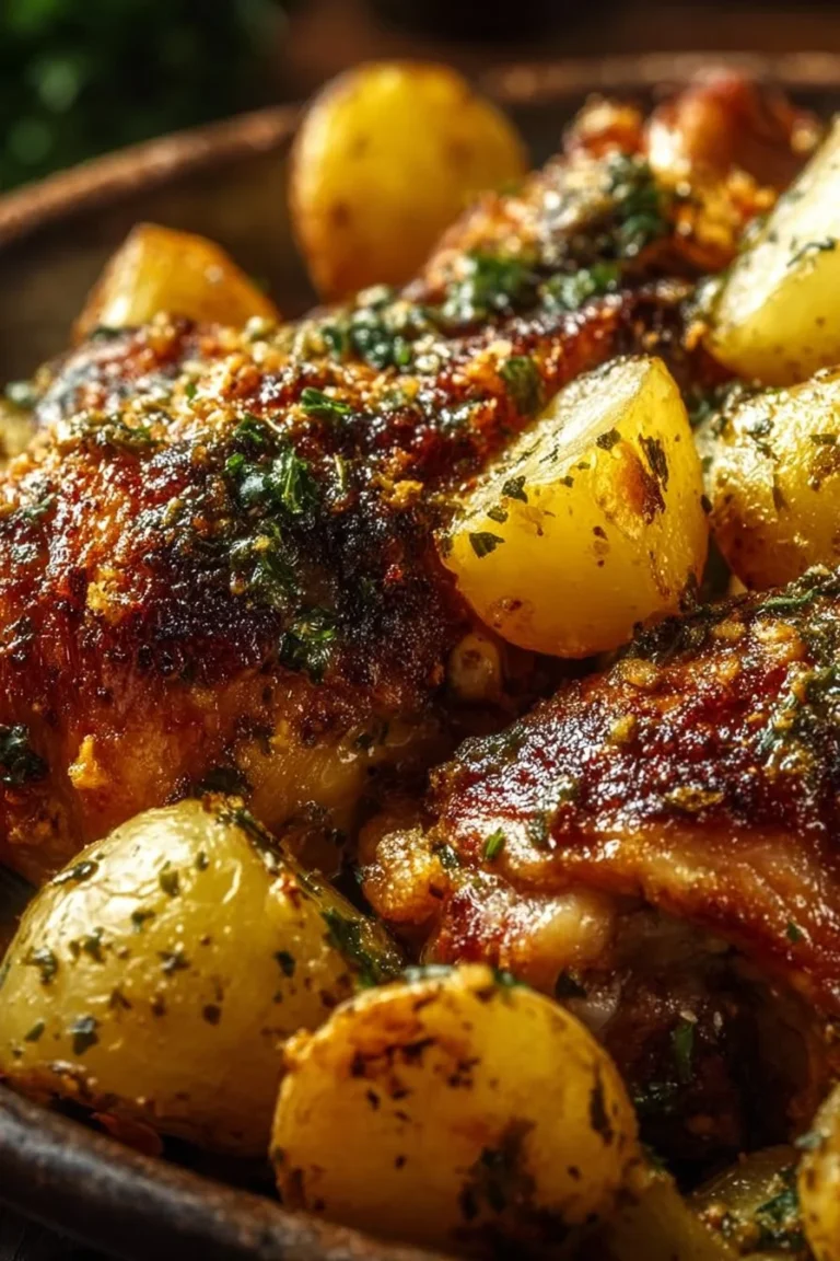 Crockpot Garlic Parmesan Chicken with potatoes in a serving dish