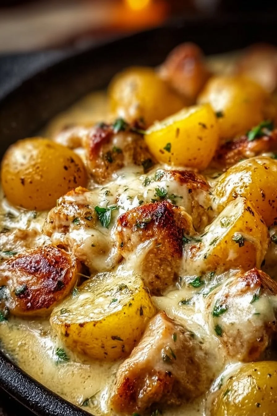 Delicious Garlic Parmesan Chicken and Potatoes in a crockpot ready to serve