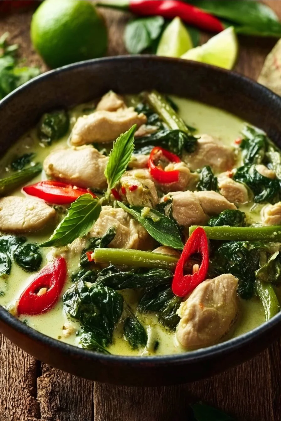 Delicious Green Thai Chicken Curry garnished with fresh basil and lime