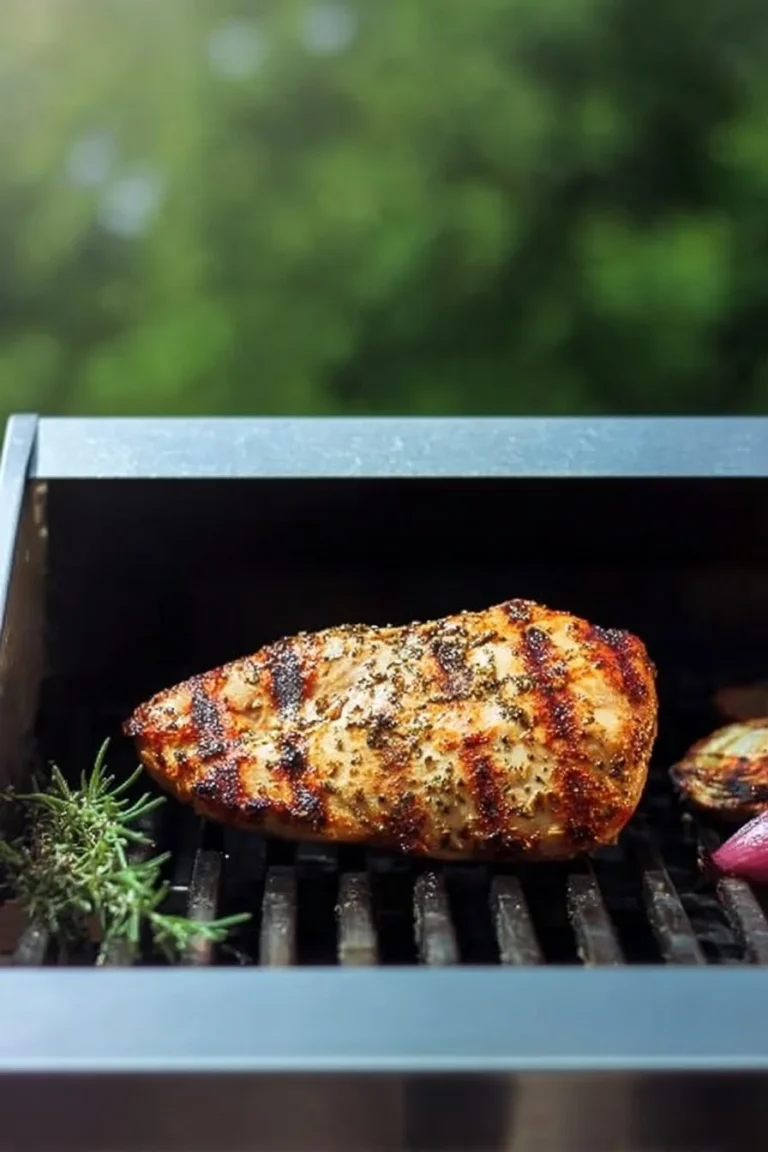 Delicious grilled chicken breast served with fresh vegetables and herbs.