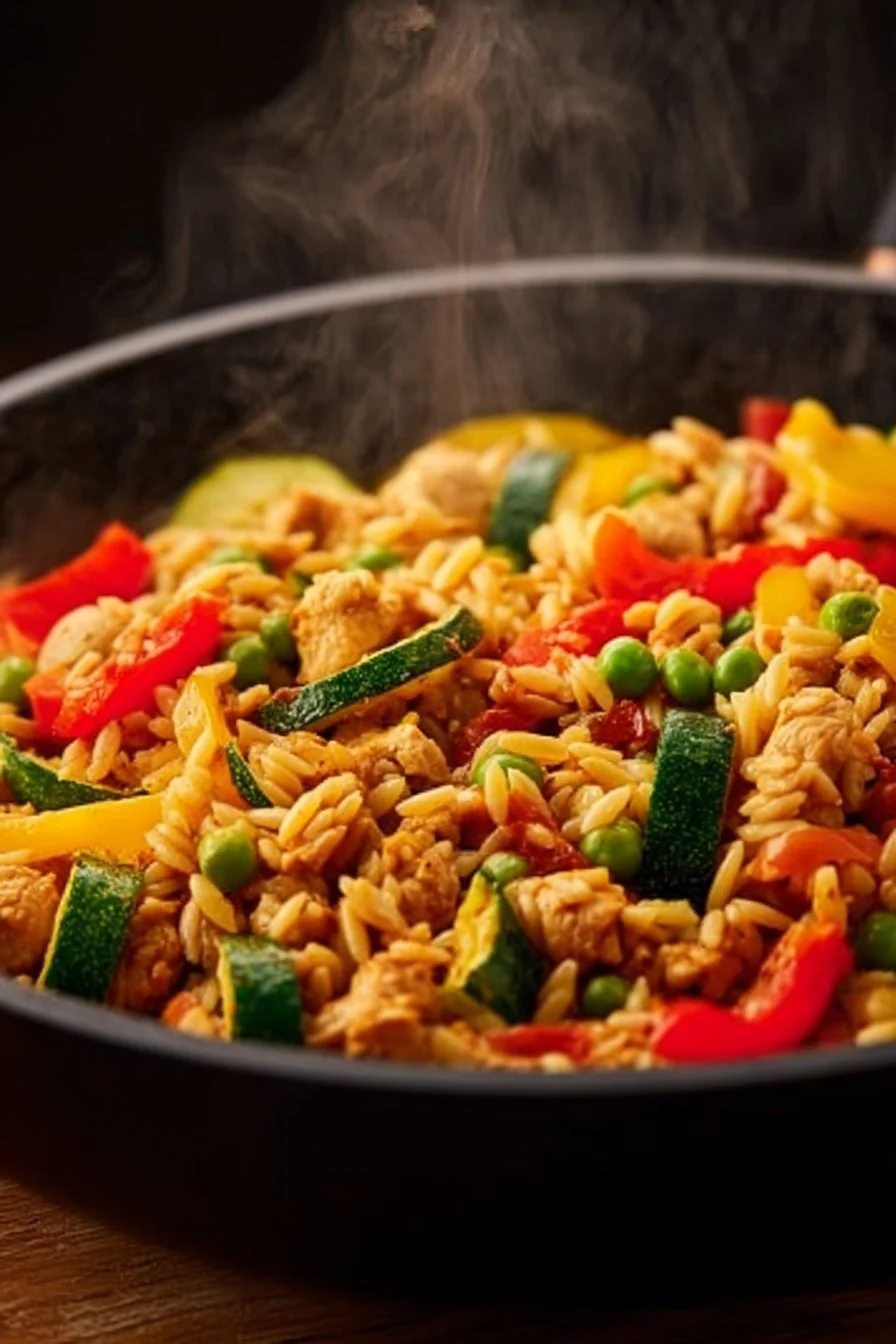 Delicious plate of ground chicken mixed with orzo pasta and herbs
