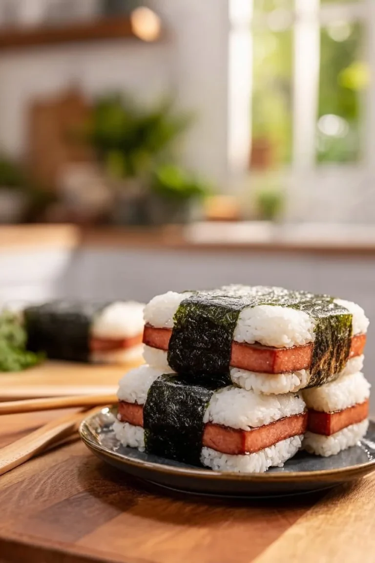 Hawaiian Spam Rice Ball with rice and spam, a flavorful Hawaiian dish.