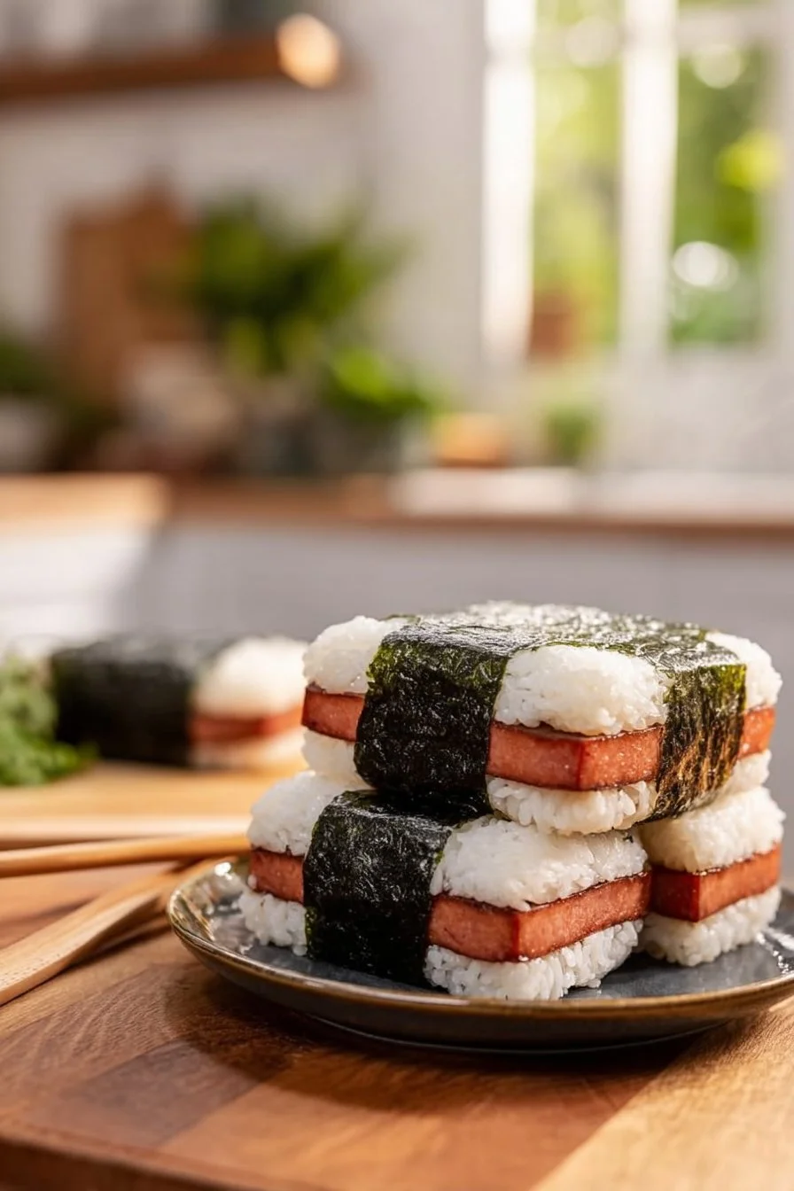 Hawaiian Spam Rice Ball with rice and spam, a flavorful Hawaiian dish.